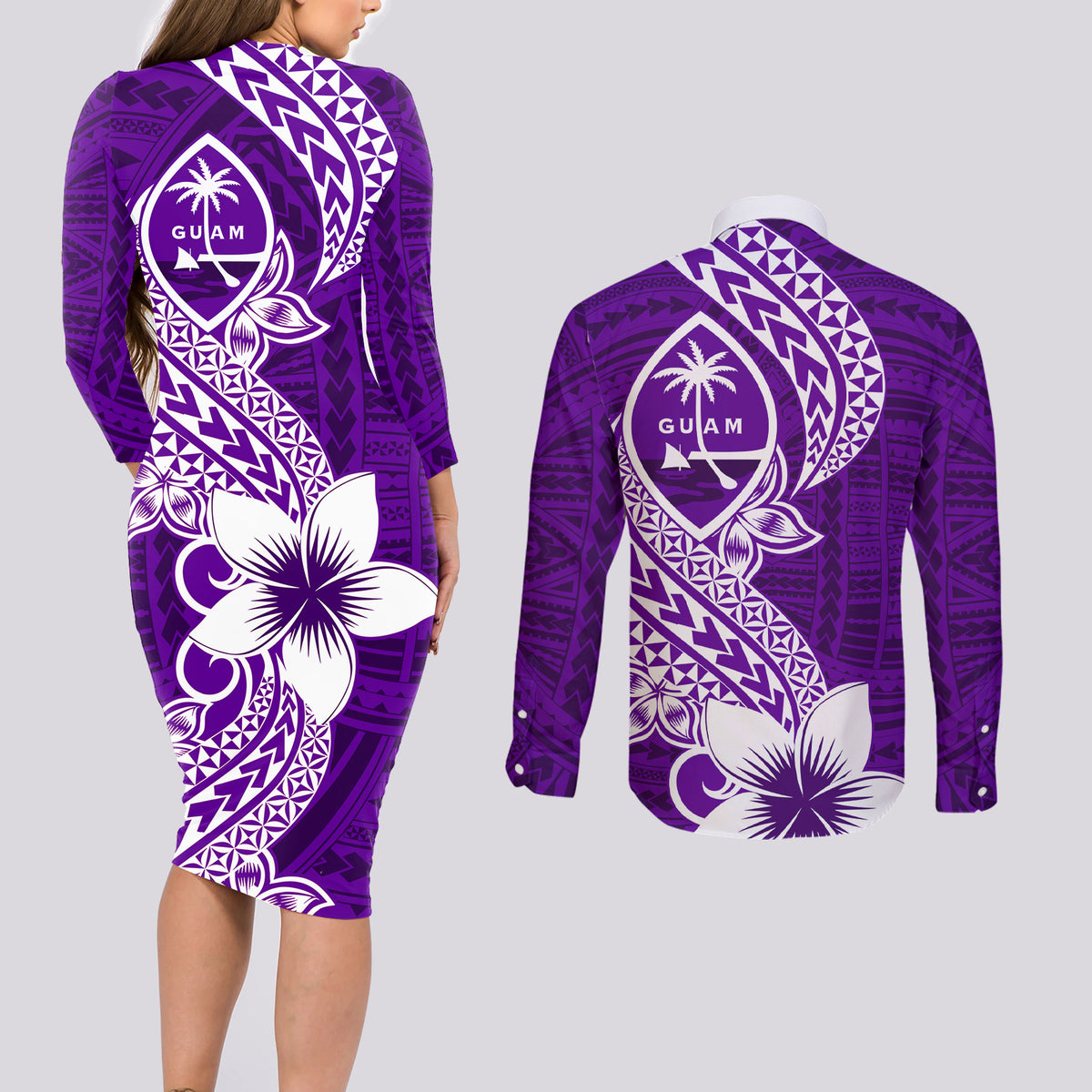 Hafa Adai Guam Couples Matching Long Sleeve Bodycon Dress and Long Sleeve Button Shirt Polynesian Floral Purple Pattern LT01 - Polynesian Pride