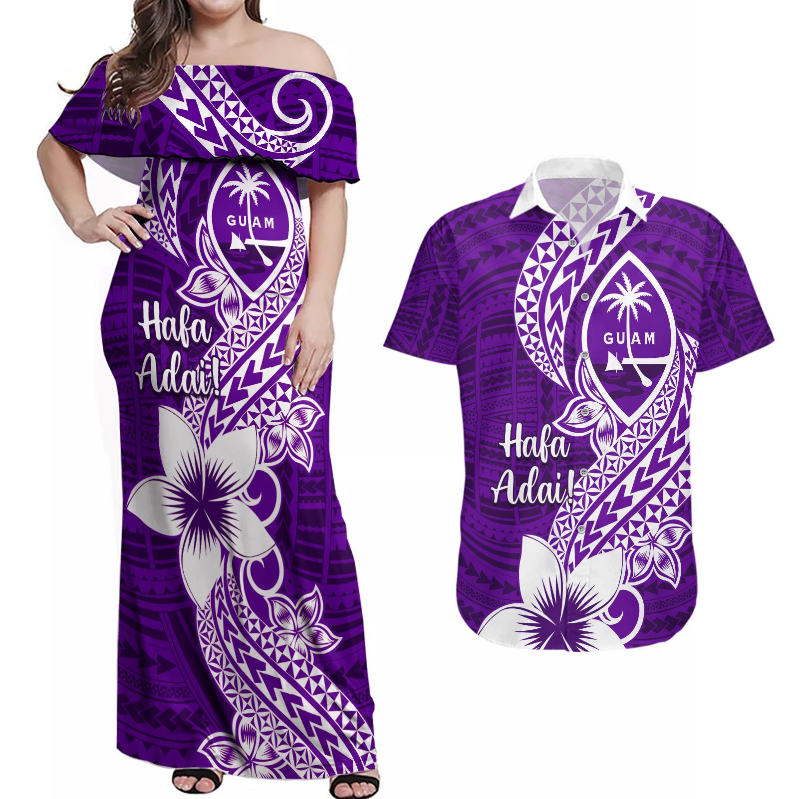 Hafa Adai Guam Couples Matching Off Shoulder Maxi Dress and Hawaiian Shirt Polynesian Floral Purple Pattern LT01 Purple - Polynesian Pride