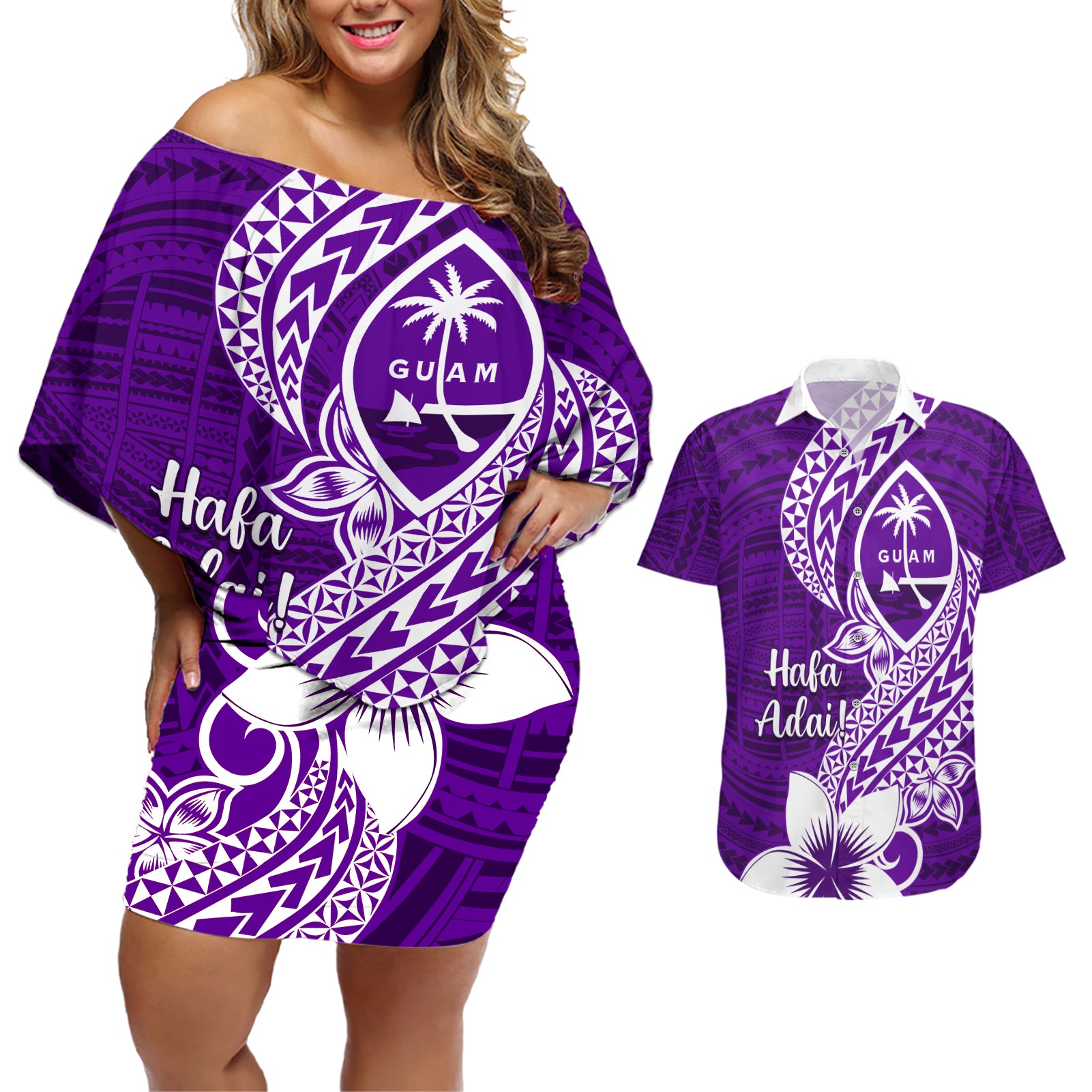 Hafa Adai Guam Couples Matching Off Shoulder Short Dress and Hawaiian Shirt Polynesian Floral Purple Pattern LT01 Purple - Polynesian Pride