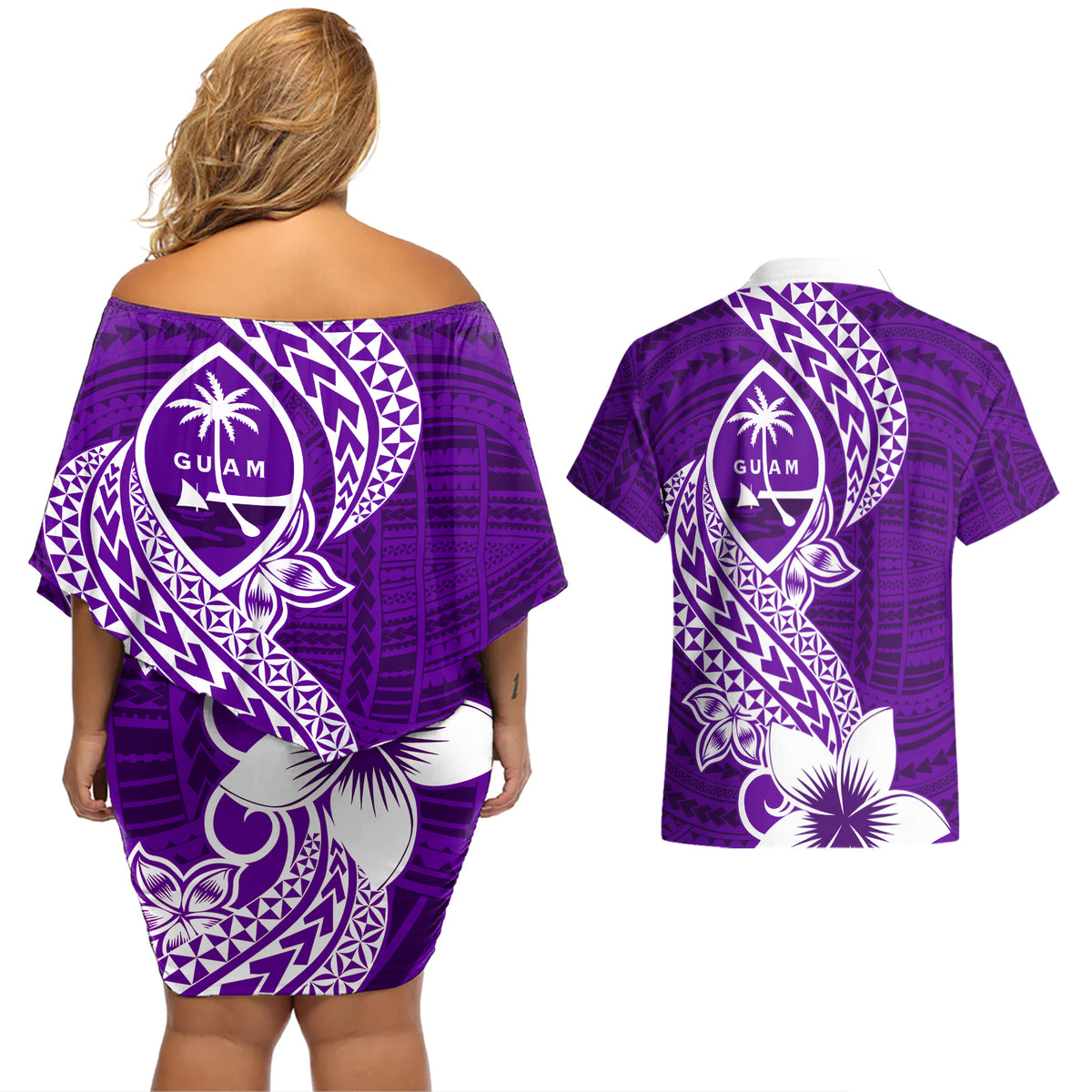 Hafa Adai Guam Couples Matching Off Shoulder Short Dress and Hawaiian Shirt Polynesian Floral Purple Pattern LT01 - Polynesian Pride