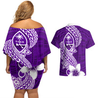 Hafa Adai Guam Couples Matching Off Shoulder Short Dress and Hawaiian Shirt Polynesian Floral Purple Pattern LT01 - Polynesian Pride