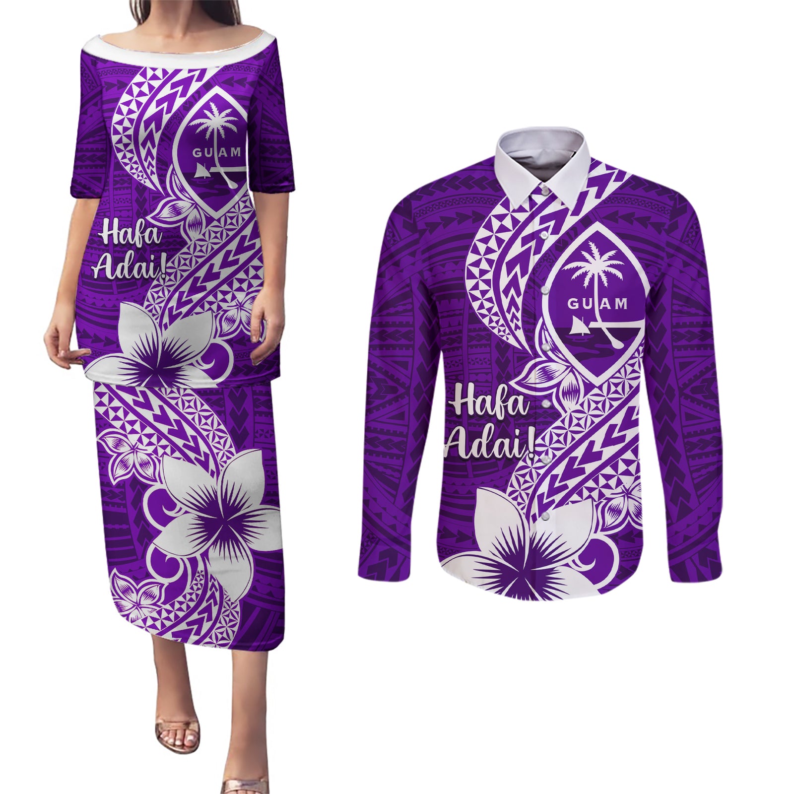 Hafa Adai Guam Couples Matching Puletasi Dress and Long Sleeve Button Shirt Polynesian Floral Purple Pattern LT01 Purple - Polynesian Pride