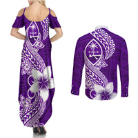 Hafa Adai Guam Couples Matching Summer Maxi Dress and Long Sleeve Button Shirt Polynesian Floral Purple Pattern LT01 - Polynesian Pride