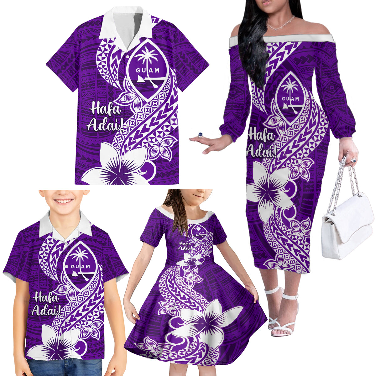 Hafa Adai Guam Family Matching Off Shoulder Long Sleeve Dress and Hawaiian Shirt Polynesian Floral Purple Pattern LT01 - Polynesian Pride