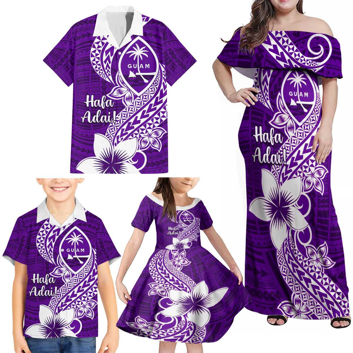 Hafa Adai Guam Family Matching Off Shoulder Maxi Dress and Hawaiian Shirt Polynesian Floral Purple Pattern LT01 - Polynesian Pride