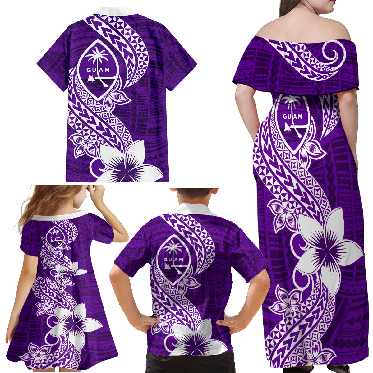 Hafa Adai Guam Family Matching Off Shoulder Maxi Dress and Hawaiian Shirt Polynesian Floral Purple Pattern LT01 - Polynesian Pride