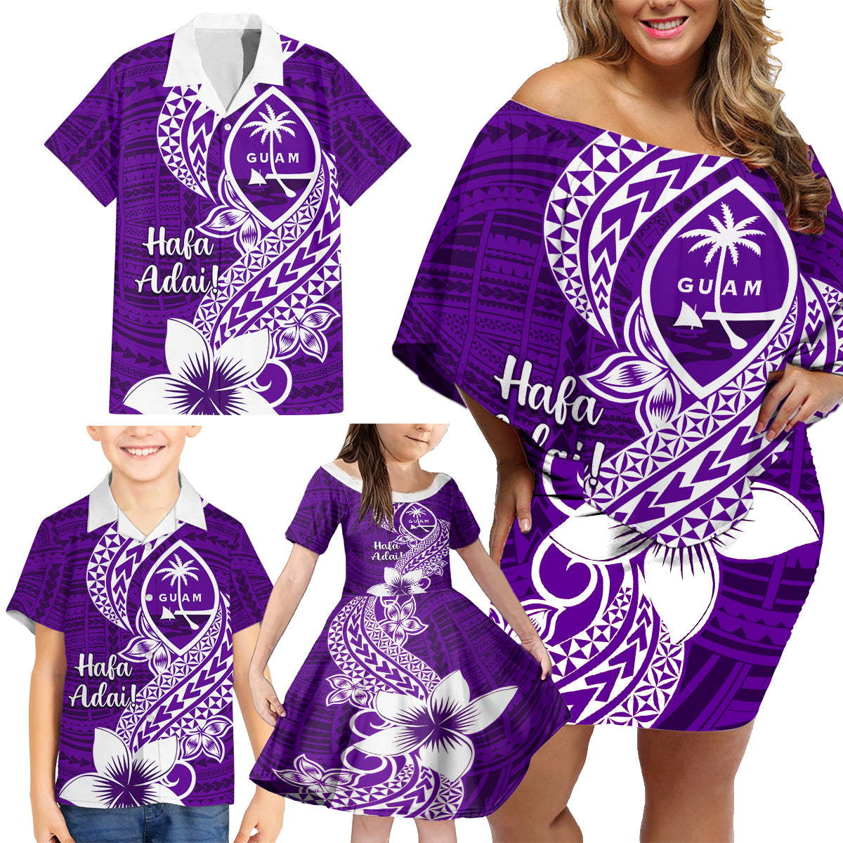 Hafa Adai Guam Family Matching Off Shoulder Short Dress and Hawaiian Shirt Polynesian Floral Purple Pattern LT01 - Polynesian Pride