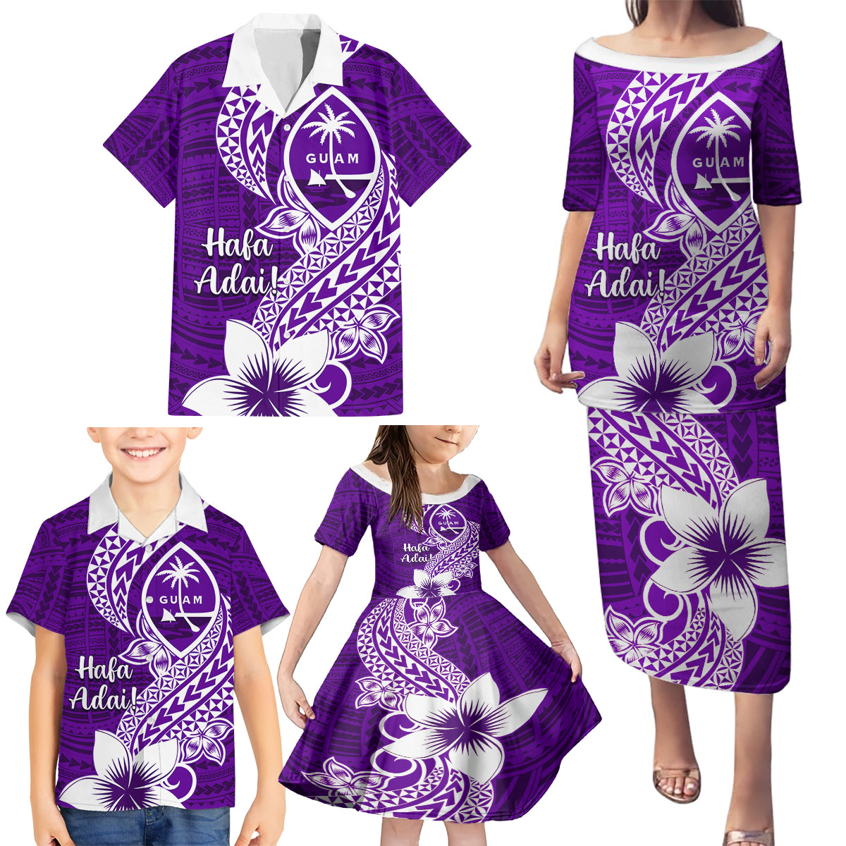 Hafa Adai Guam Family Matching Puletasi Dress and Hawaiian Shirt Polynesian Floral Purple Pattern LT01 - Polynesian Pride