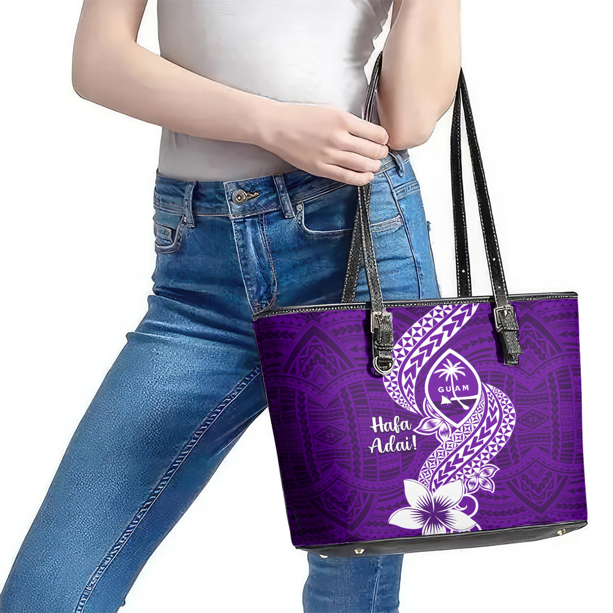 Hafa Adai Guam Leather Tote Bag Polynesian Floral Purple Pattern LT01 - Polynesian Pride