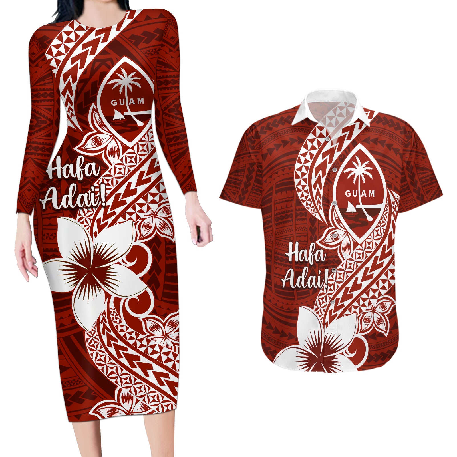 Hafa Adai Guam Couples Matching Long Sleeve Bodycon Dress and Hawaiian Shirt Polynesian Floral Red Pattern LT01 Red - Polynesian Pride