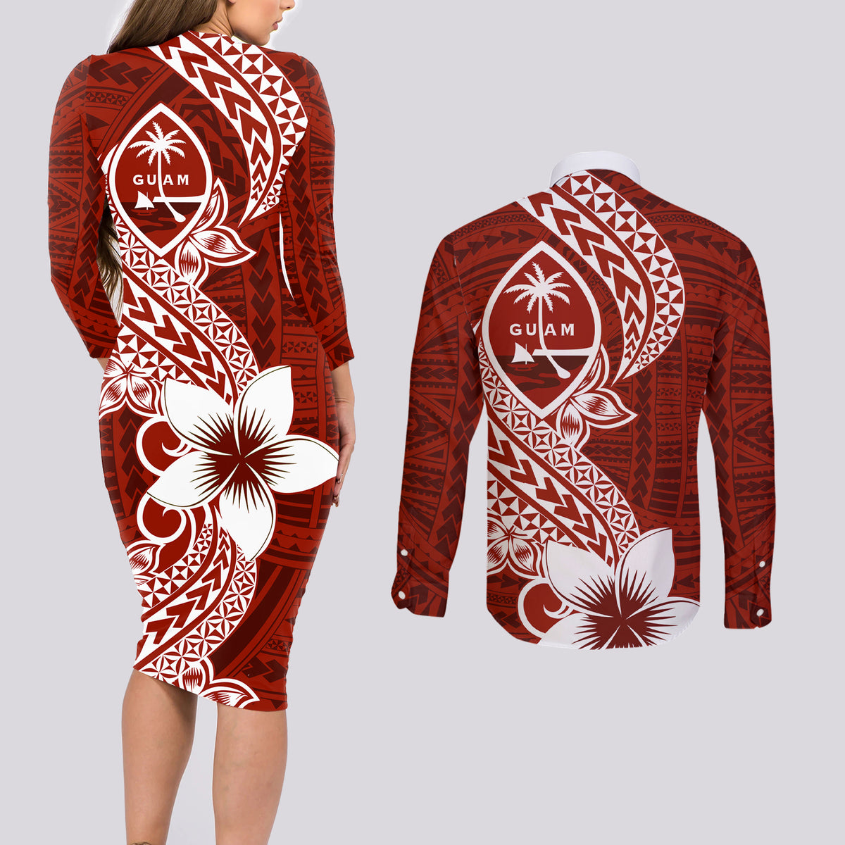 Hafa Adai Guam Couples Matching Long Sleeve Bodycon Dress and Long Sleeve Button Shirt Polynesian Floral Red Pattern LT01 - Polynesian Pride