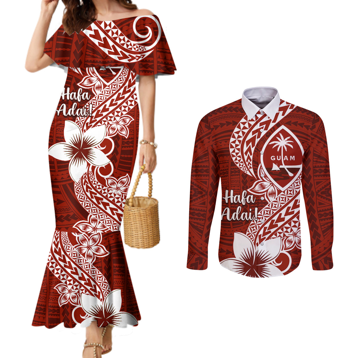 Hafa Adai Guam Couples Matching Mermaid Dress and Long Sleeve Button Shirt Polynesian Floral Red Pattern LT01 Red - Polynesian Pride