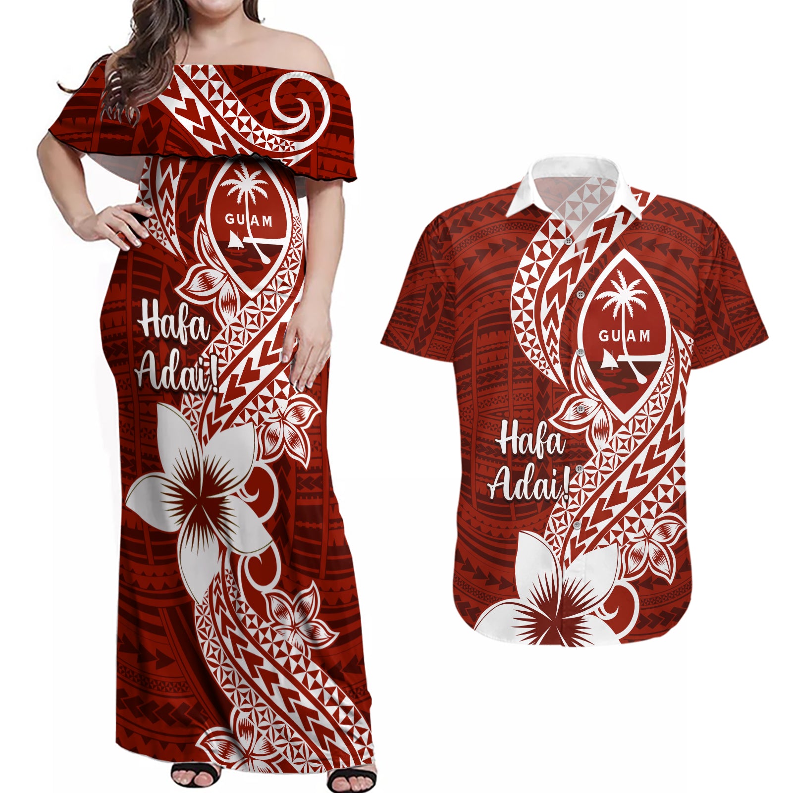 Hafa Adai Guam Couples Matching Off Shoulder Maxi Dress and Hawaiian Shirt Polynesian Floral Red Pattern LT01 Red - Polynesian Pride