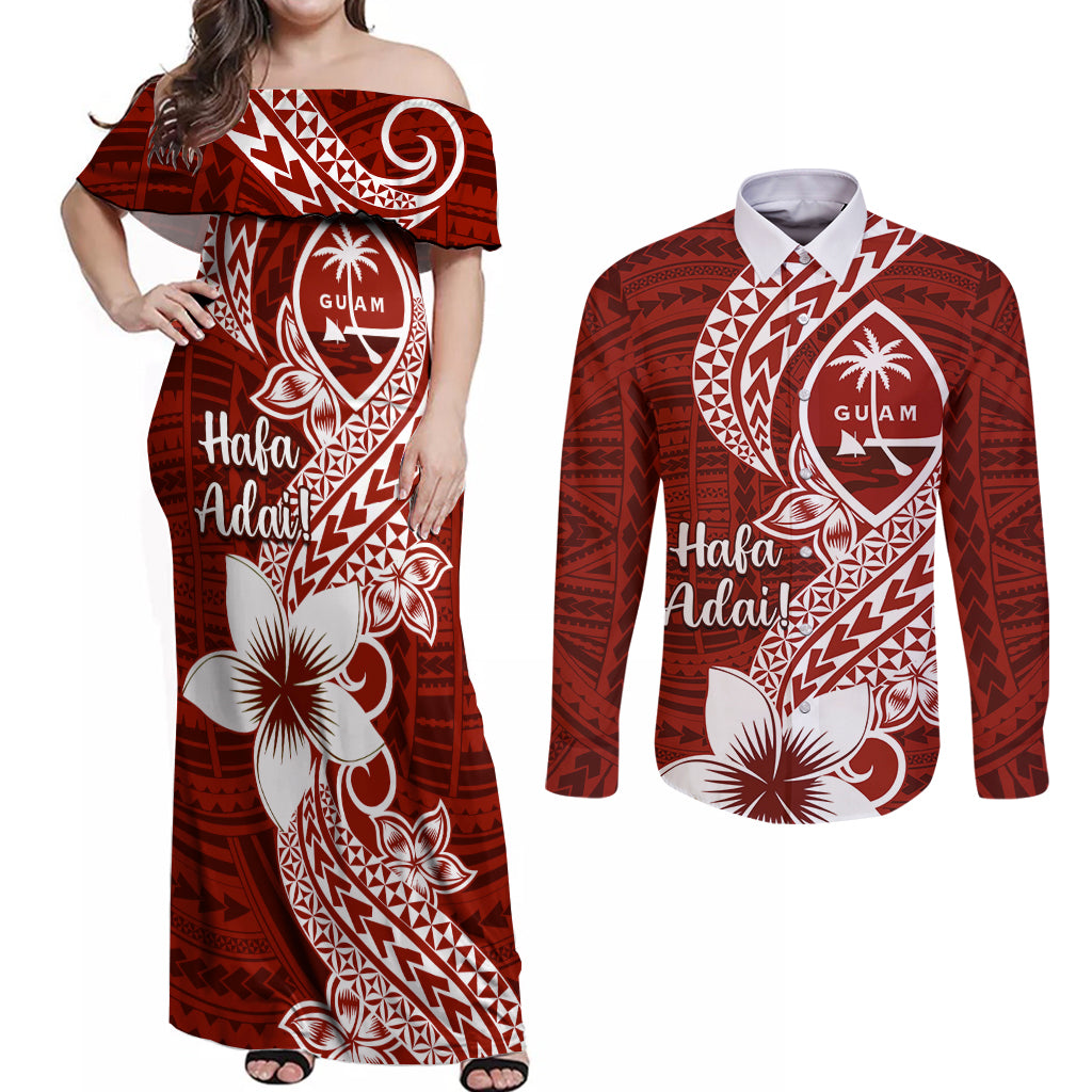 Hafa Adai Guam Couples Matching Off Shoulder Maxi Dress and Long Sleeve Button Shirt Polynesian Floral Red Pattern LT01 Red - Polynesian Pride