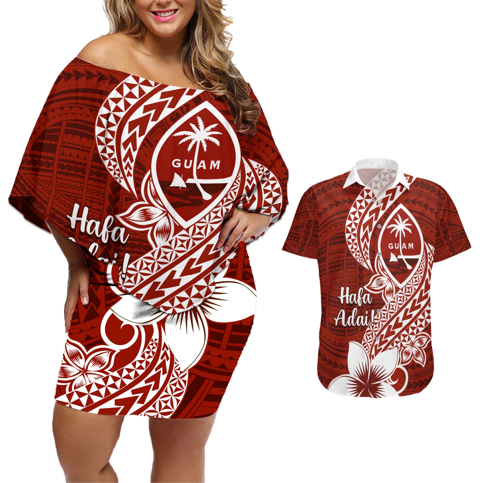 Hafa Adai Guam Couples Matching Off Shoulder Short Dress and Hawaiian Shirt Polynesian Floral Red Pattern LT01 Red - Polynesian Pride