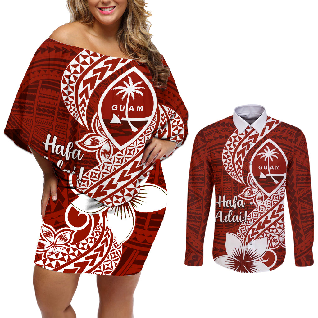 Hafa Adai Guam Couples Matching Off Shoulder Short Dress and Long Sleeve Button Shirt Polynesian Floral Red Pattern LT01 Red - Polynesian Pride