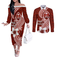 Hafa Adai Guam Couples Matching Off The Shoulder Long Sleeve Dress and Long Sleeve Button Shirt Polynesian Floral Red Pattern LT01 Red - Polynesian Pride