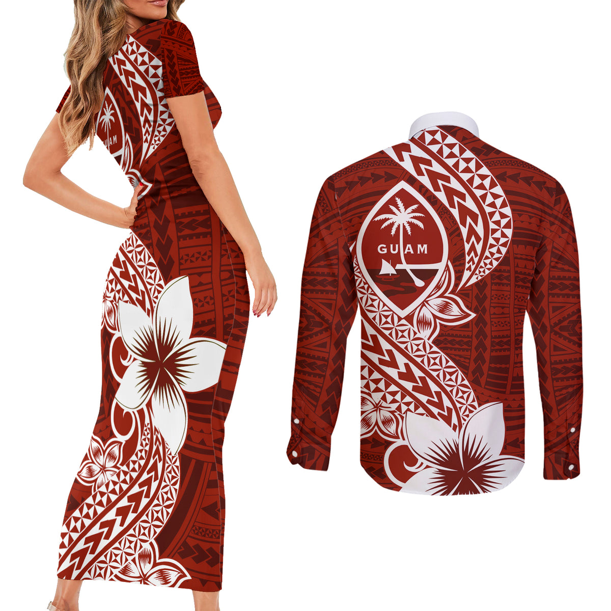 Hafa Adai Guam Couples Matching Short Sleeve Bodycon Dress and Long Sleeve Button Shirt Polynesian Floral Red Pattern LT01 - Polynesian Pride