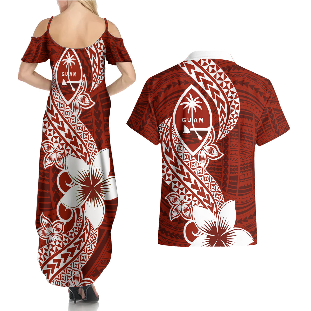 Hafa Adai Guam Couples Matching Summer Maxi Dress and Hawaiian Shirt Polynesian Floral Red Pattern LT01 - Polynesian Pride