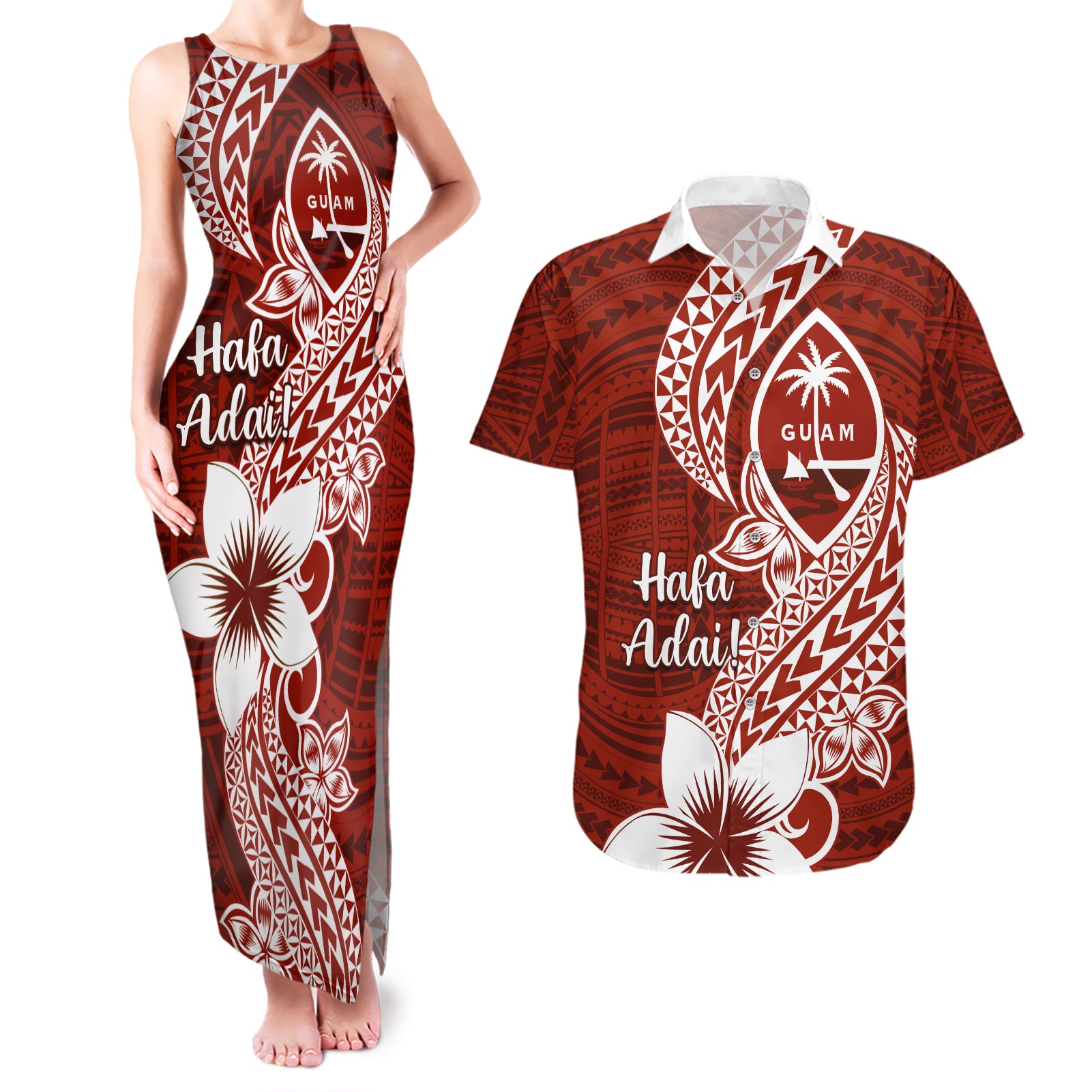 Hafa Adai Guam Couples Matching Tank Maxi Dress and Hawaiian Shirt Polynesian Floral Red Pattern LT01 Red - Polynesian Pride