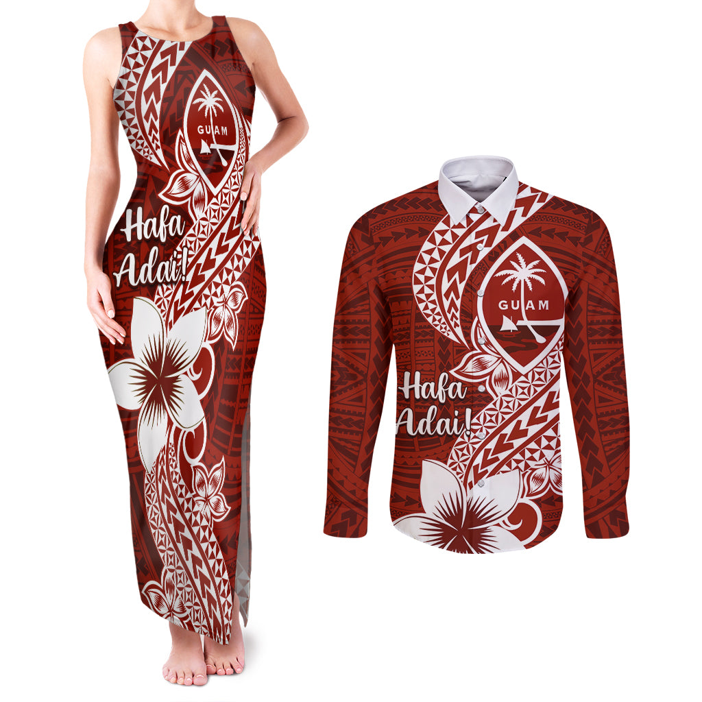 Hafa Adai Guam Couples Matching Tank Maxi Dress and Long Sleeve Button Shirt Polynesian Floral Red Pattern LT01 Red - Polynesian Pride