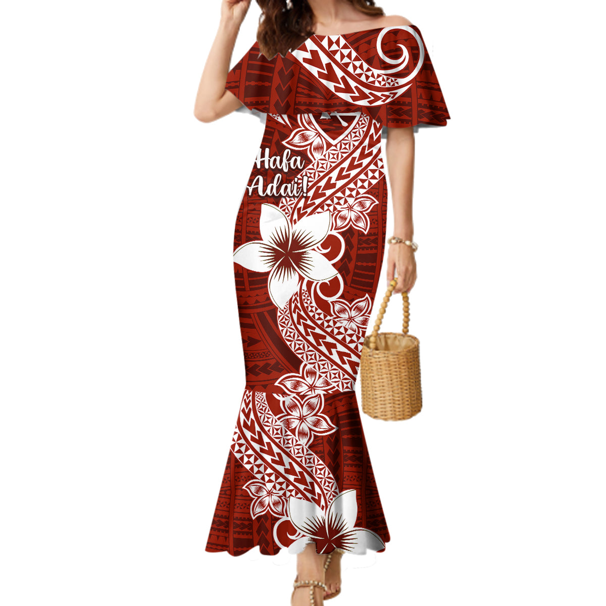 Hafa Adai Guam Family Matching Mermaid Dress and Hawaiian Shirt Polynesian Floral Red Pattern LT01 Mom's Dress Red - Polynesian Pride