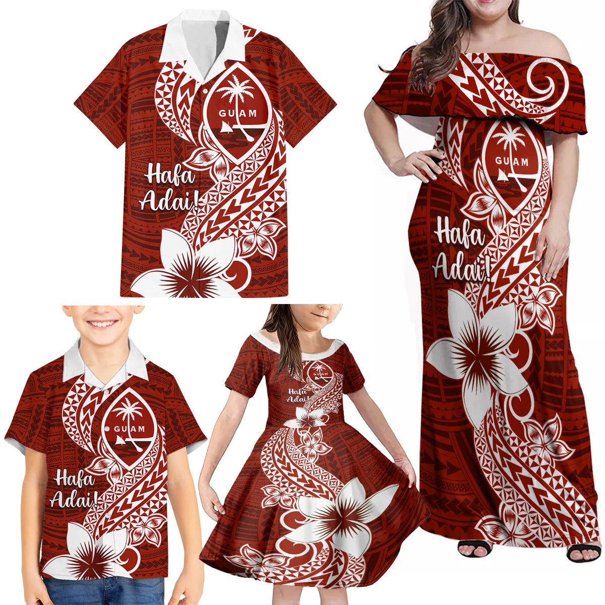 Hafa Adai Guam Family Matching Off Shoulder Maxi Dress and Hawaiian Shirt Polynesian Floral Red Pattern LT01 - Polynesian Pride