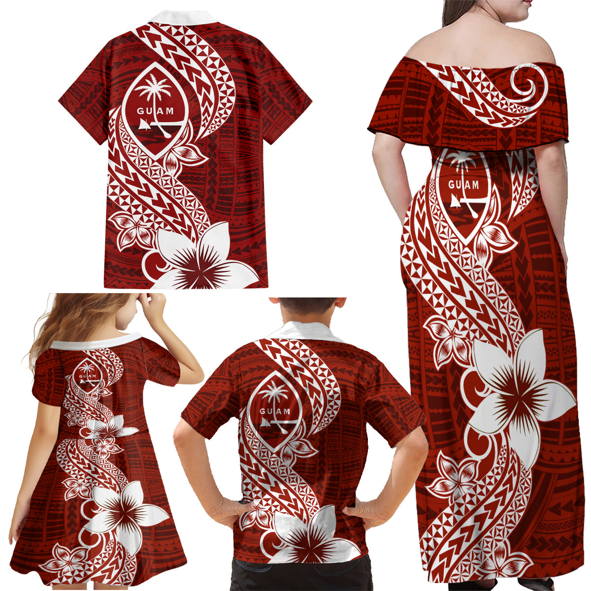 Hafa Adai Guam Family Matching Off Shoulder Maxi Dress and Hawaiian Shirt Polynesian Floral Red Pattern LT01 - Polynesian Pride