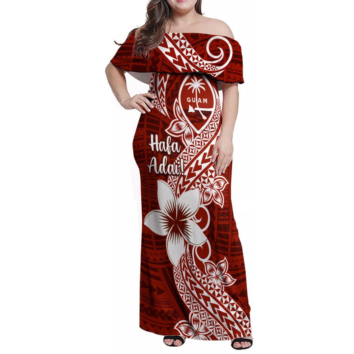 Hafa Adai Guam Family Matching Off Shoulder Maxi Dress and Hawaiian Shirt Polynesian Floral Red Pattern LT01 Mom's Dress Red - Polynesian Pride