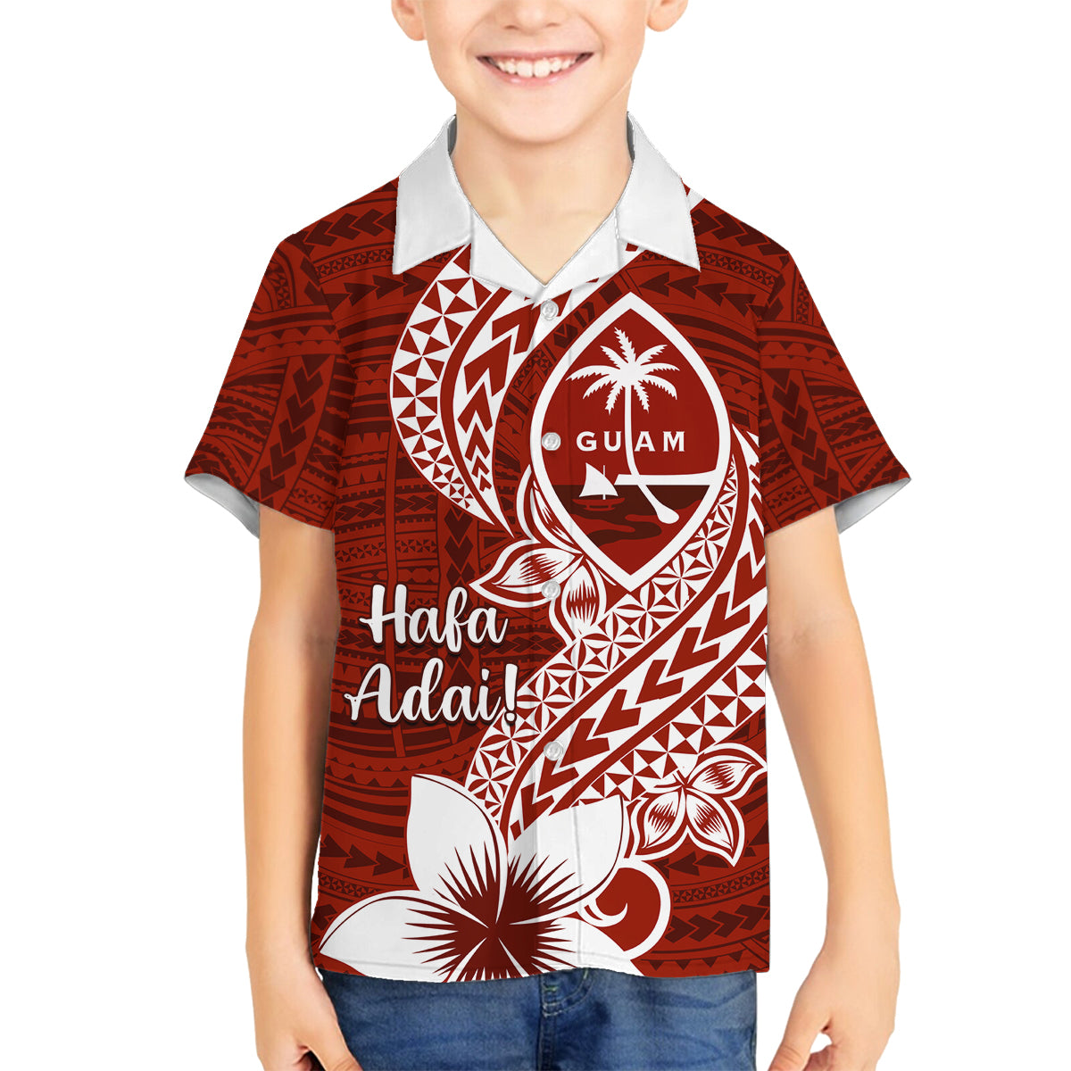 Hafa Adai Guam Family Matching Off Shoulder Maxi Dress and Hawaiian Shirt Polynesian Floral Red Pattern LT01 Son's Shirt Red - Polynesian Pride