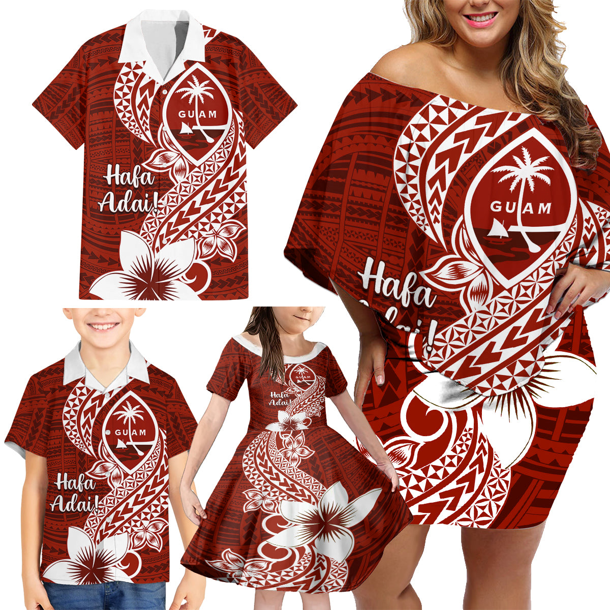 Hafa Adai Guam Family Matching Off Shoulder Short Dress and Hawaiian Shirt Polynesian Floral Red Pattern LT01 - Polynesian Pride