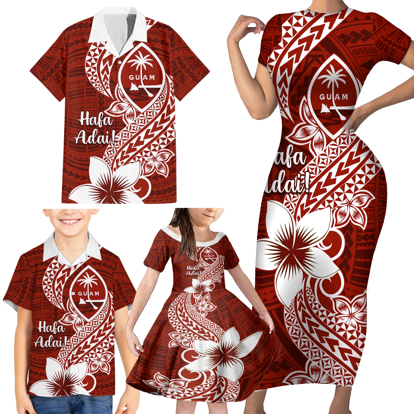 Hafa Adai Guam Family Matching Short Sleeve Bodycon Dress and Hawaiian Shirt Polynesian Floral Red Pattern LT01 - Polynesian Pride