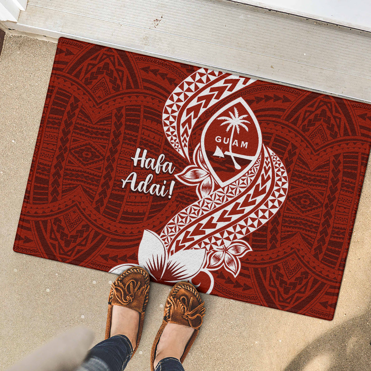 Hafa Adai Guam Rubber Doormat Polynesian Floral Red Pattern LT01 - Polynesian Pride