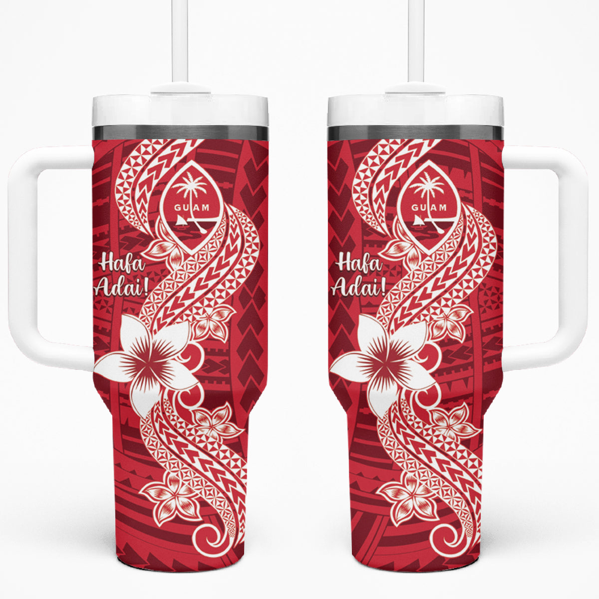 Hafa Adai Guam Tumbler With Handle Polynesian Floral Red Pattern