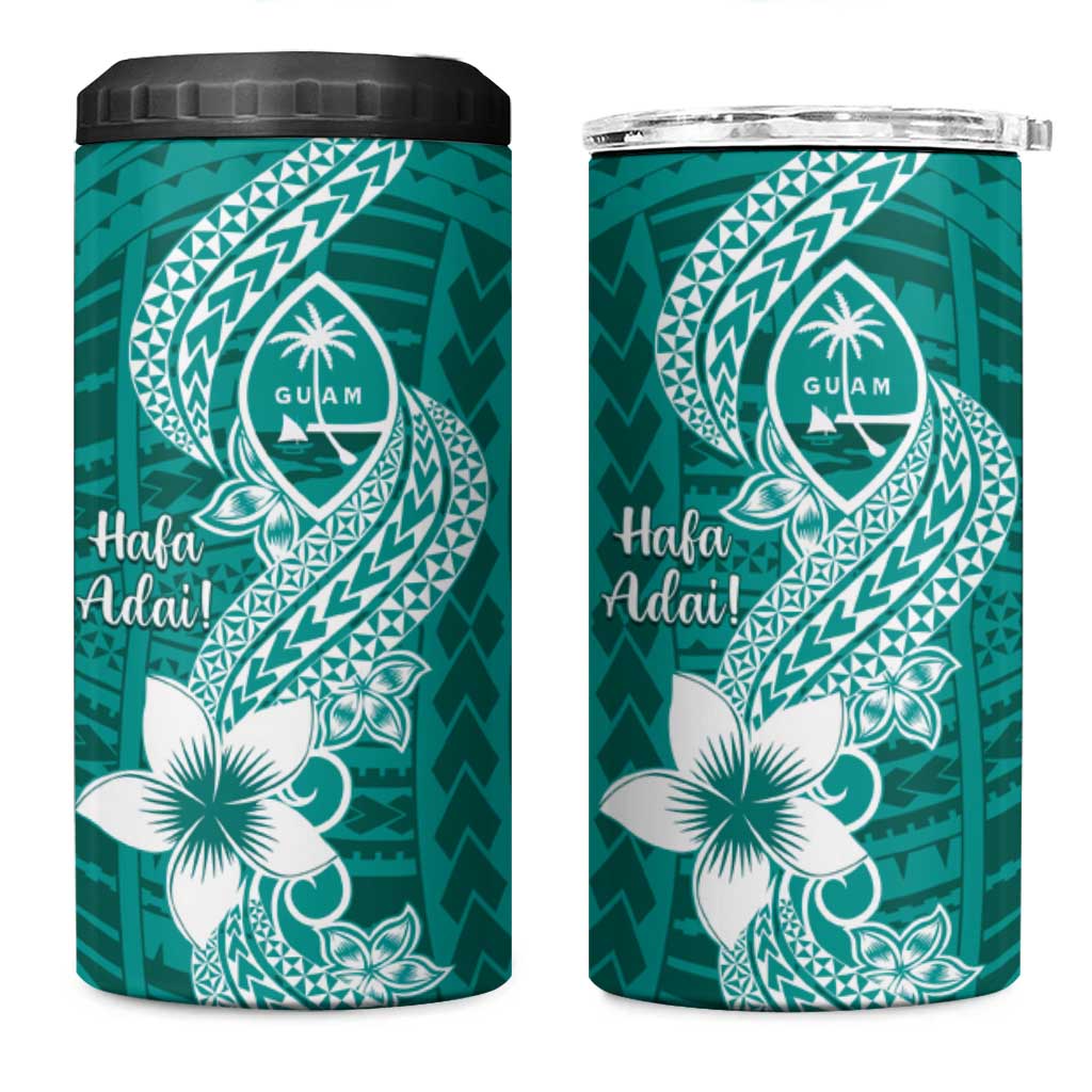 Hafa Adai Guam 4 in 1 Can Cooler Tumbler Polynesian Floral Teal Pattern