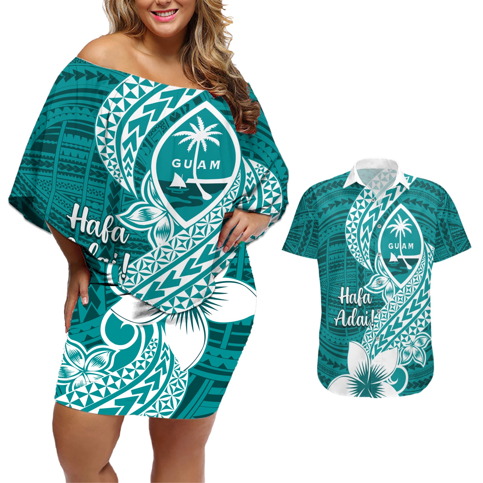 Hafa Adai Guam Couples Matching Off Shoulder Short Dress and Hawaiian Shirt Polynesian Floral Teal Pattern LT01 Teal - Polynesian Pride