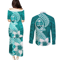 Hafa Adai Guam Couples Matching Puletasi Dress and Long Sleeve Button Shirt Polynesian Floral Teal Pattern LT01 - Polynesian Pride