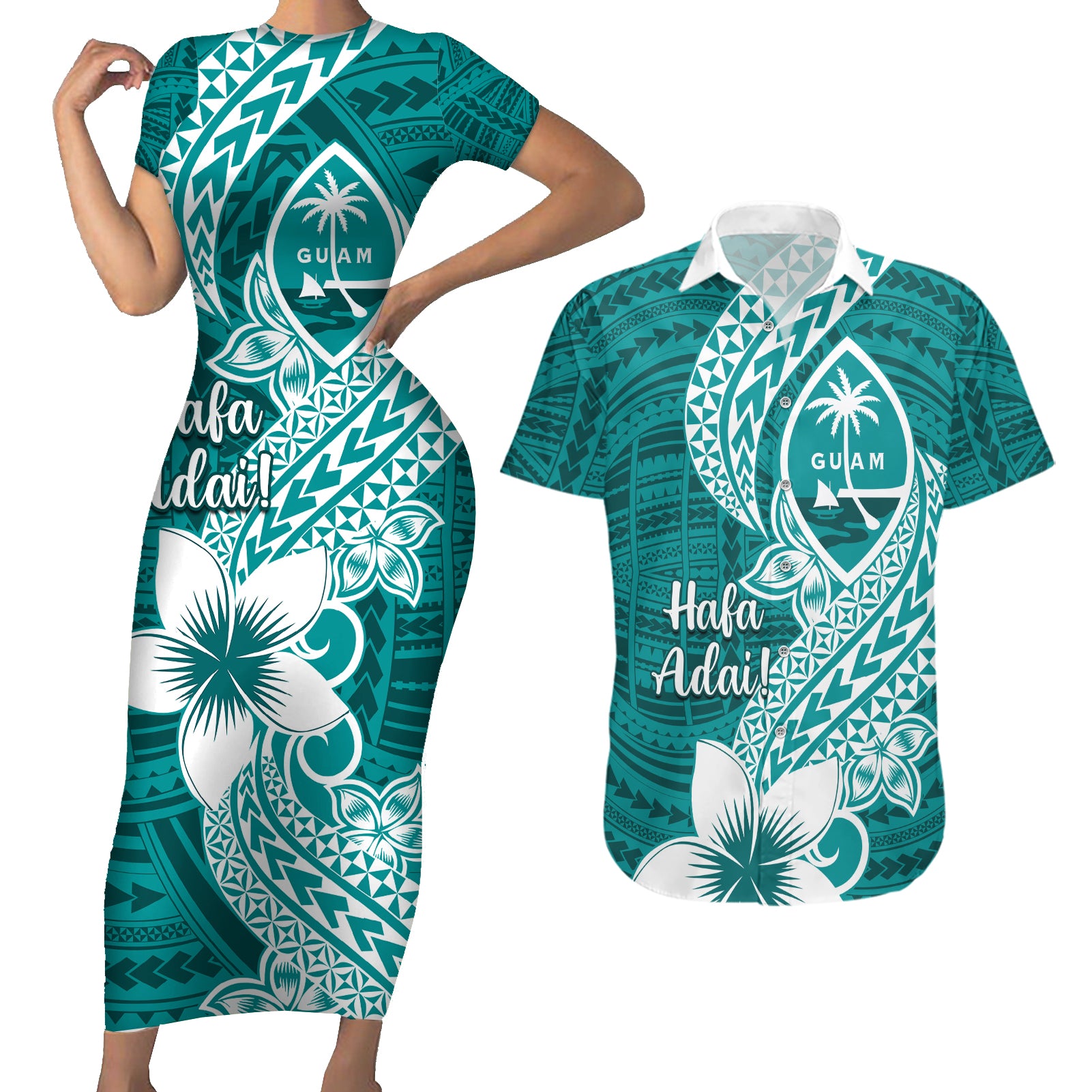 Hafa Adai Guam Couples Matching Short Sleeve Bodycon Dress and Hawaiian Shirt Polynesian Floral Teal Pattern LT01 Teal - Polynesian Pride