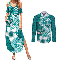 Hafa Adai Guam Couples Matching Summer Maxi Dress and Long Sleeve Button Shirt Polynesian Floral Teal Pattern LT01 Teal - Polynesian Pride