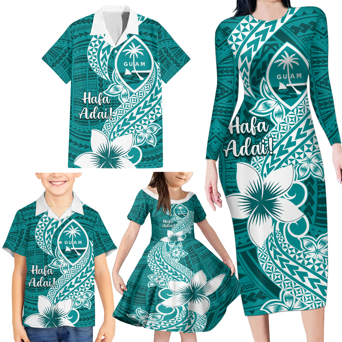 Hafa Adai Guam Family Matching Long Sleeve Bodycon Dress and Hawaiian Shirt Polynesian Floral Teal Pattern LT01 - Polynesian Pride