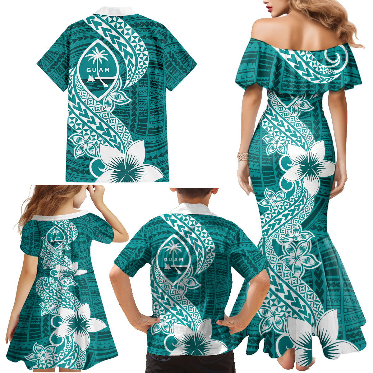 Hafa Adai Guam Family Matching Mermaid Dress and Hawaiian Shirt Polynesian Floral Teal Pattern LT01 - Polynesian Pride
