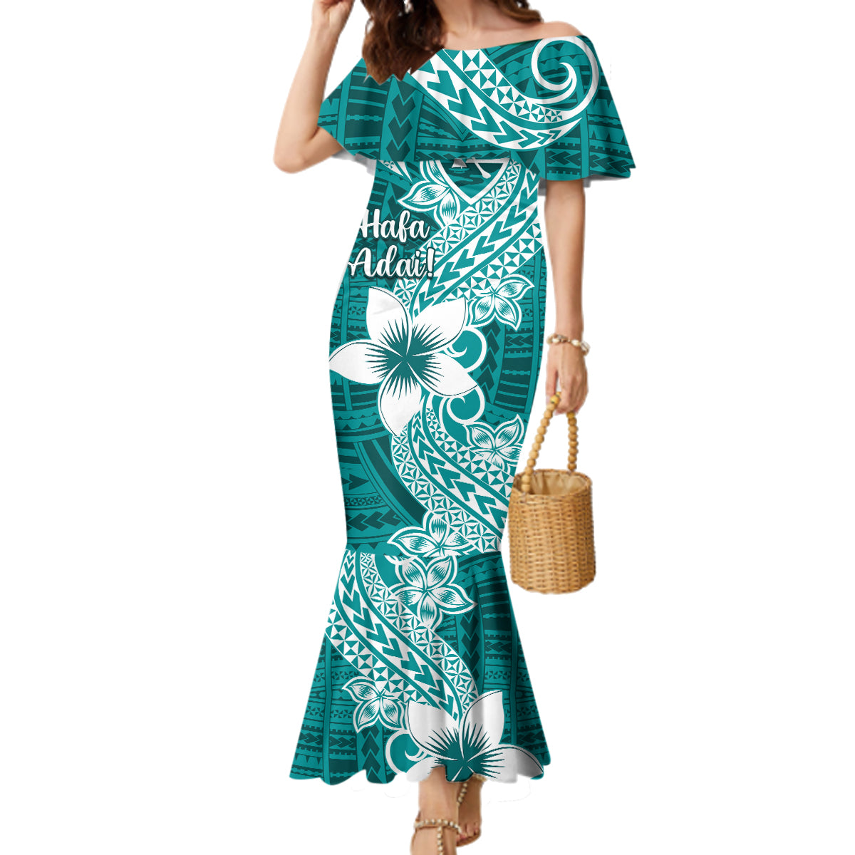 Hafa Adai Guam Family Matching Mermaid Dress and Hawaiian Shirt Polynesian Floral Teal Pattern LT01 Mom's Dress Teal - Polynesian Pride