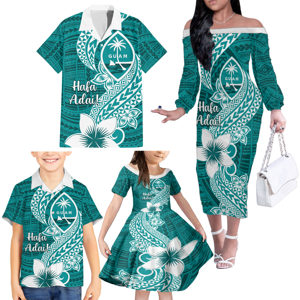 Hafa Adai Guam Family Matching Off Shoulder Long Sleeve Dress and Hawaiian Shirt Polynesian Floral Teal Pattern LT01 - Polynesian Pride