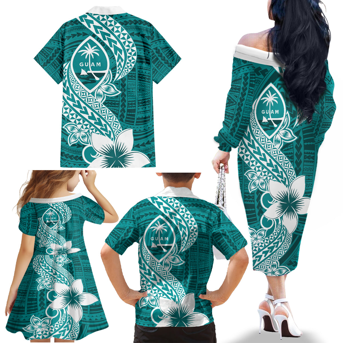 Hafa Adai Guam Family Matching Off Shoulder Long Sleeve Dress and Hawaiian Shirt Polynesian Floral Teal Pattern LT01 - Polynesian Pride