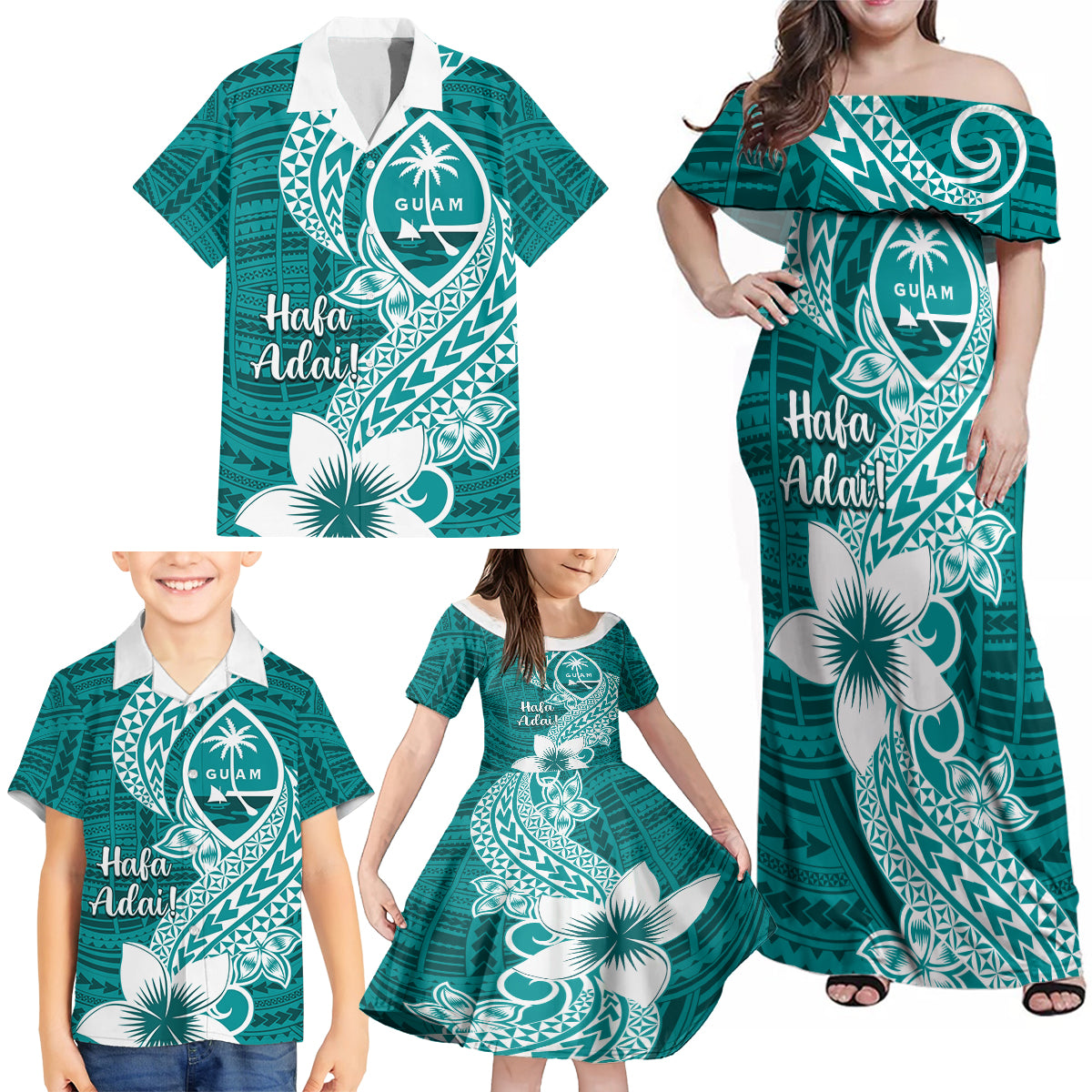 Hafa Adai Guam Family Matching Off Shoulder Maxi Dress and Hawaiian Shirt Polynesian Floral Teal Pattern LT01 - Polynesian Pride