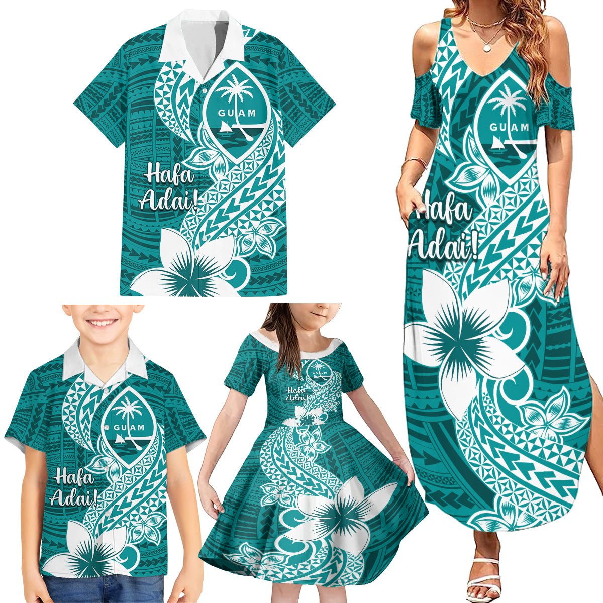 Hafa Adai Guam Family Matching Summer Maxi Dress and Hawaiian Shirt Polynesian Floral Teal Pattern LT01 - Polynesian Pride