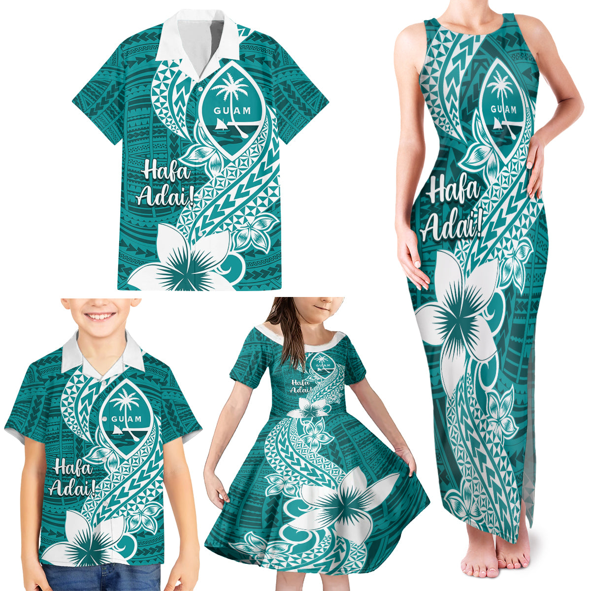 Hafa Adai Guam Family Matching Tank Maxi Dress and Hawaiian Shirt Polynesian Floral Teal Pattern LT01 - Polynesian Pride