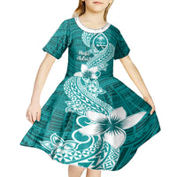 Hafa Adai Guam Kid Short Sleeve Dress Polynesian Floral Teal Pattern LT01 - Polynesian Pride