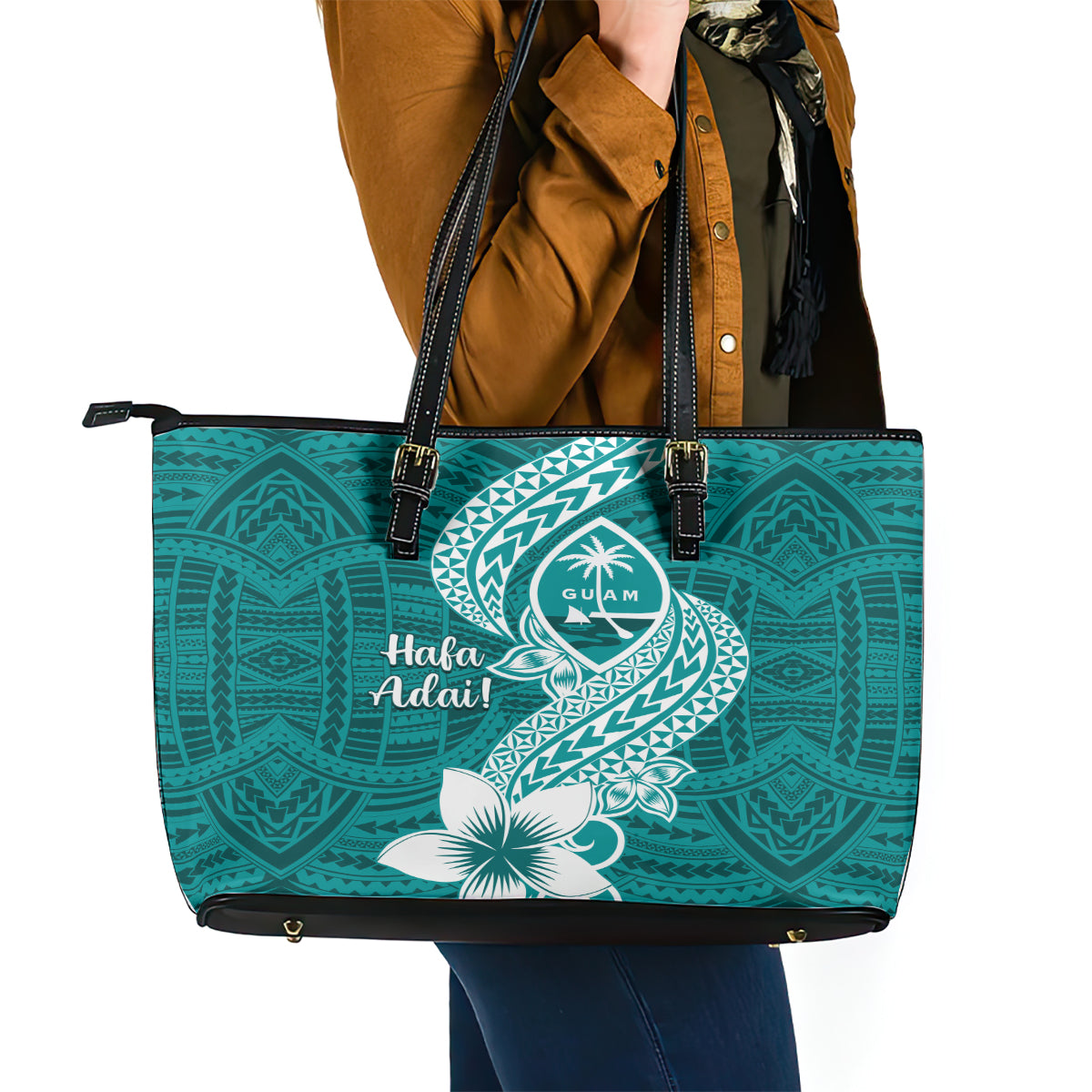 Hafa Adai Guam Leather Tote Bag Polynesian Floral Teal Pattern LT01 - Polynesian Pride