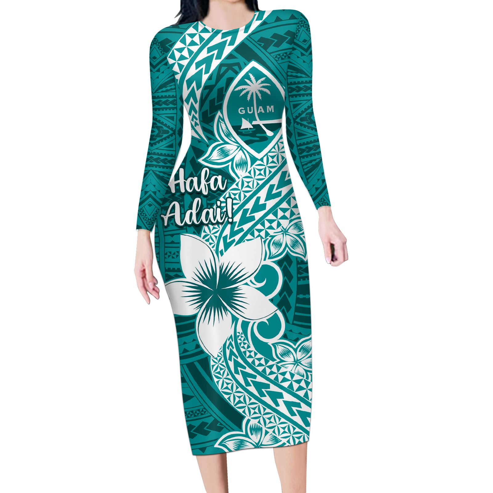 Hafa Adai Guam Long Sleeve Bodycon Dress Polynesian Floral Teal Pattern LT01 Long Dress Teal - Polynesian Pride